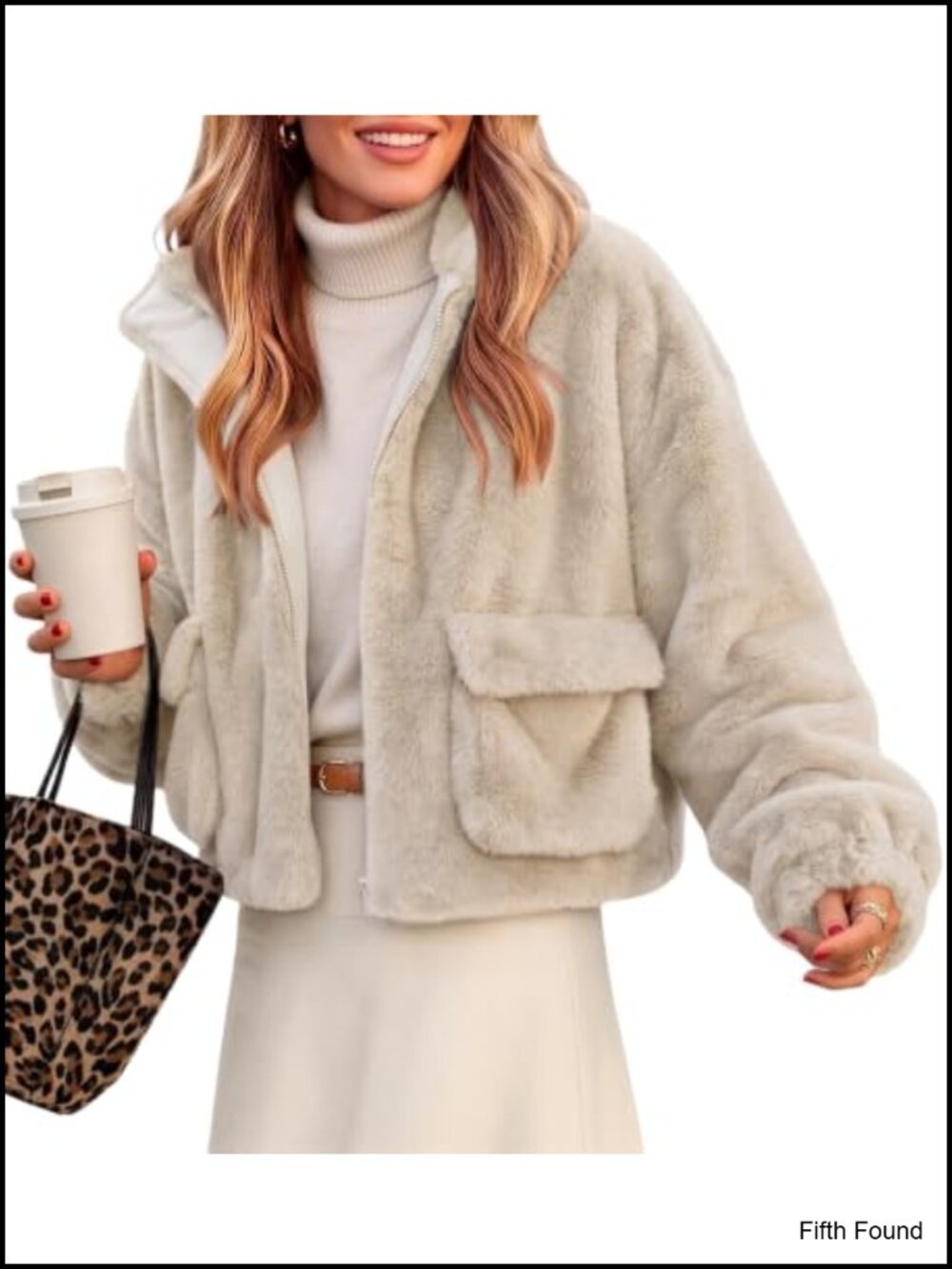 Faux Fur Cropped Jacket Womens Fluffy Winter Coat Zip Pockets Warm Fleece